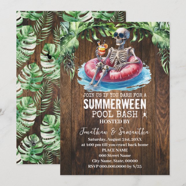 Invitation Bash de piscine tropical de Summerween squelette (Devant / Derrière)