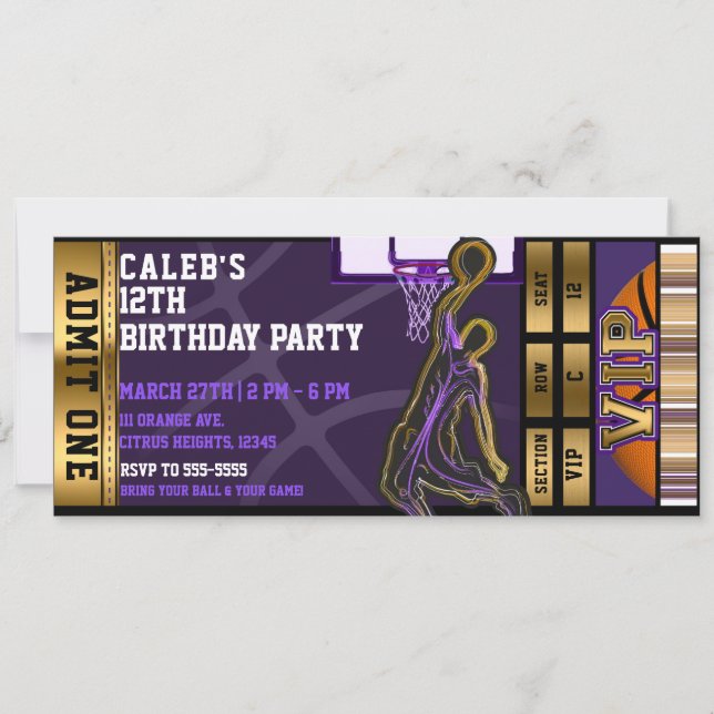 Invitation Basket-ball Anniversaire VIP Purple Gold Ticket (Devant)