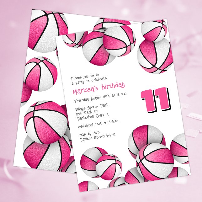 Invitation basket-ball blanc rose filles anniversaire (Créateur téléchargé)