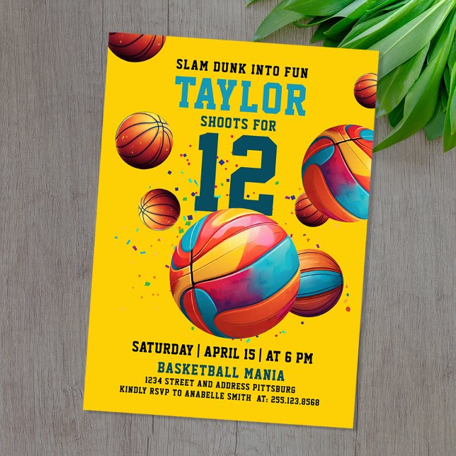Invitation Basket-ball coloré cool Jaune Sport Anniversaire (Créateur téléchargé)