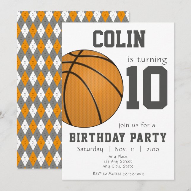 Invitation Basket-ball design en orange et noir (Devant / Derrière)