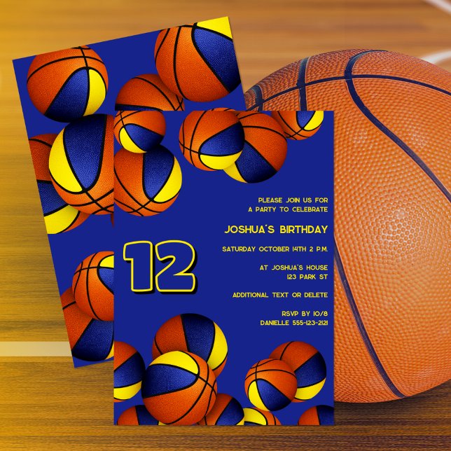Invitation basket-ball en or bleu enfants sport (front and back)
