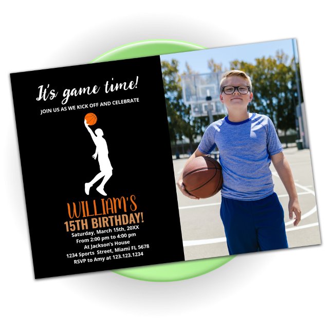 Invitation Basket-ball orange noir Anniversaire avec photo (Créateur téléchargé)
