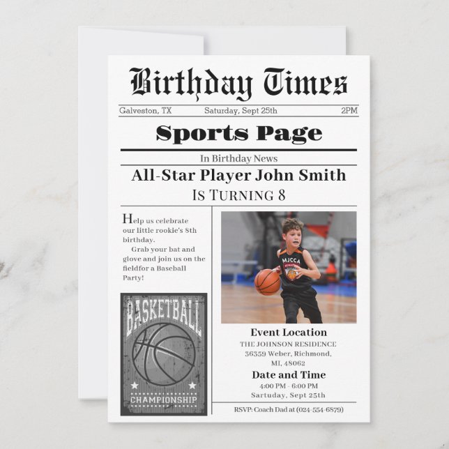 Invitation Basket-ball personnel Anniversaire avec photo (Devant)