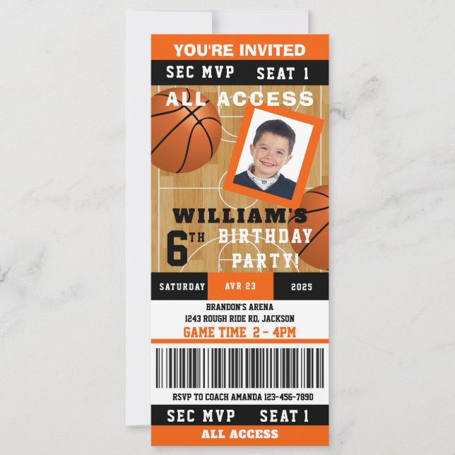 Invitation Basket-ball Photo Anniversaire Fête Billet Invitat (Devant)