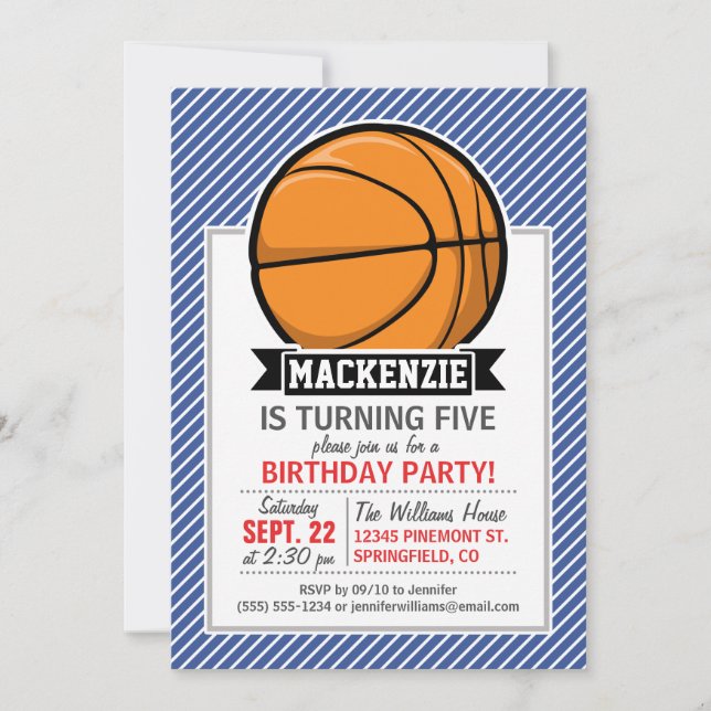 Invitation Basket-ball sur bandes bleues et blanches (Devant)