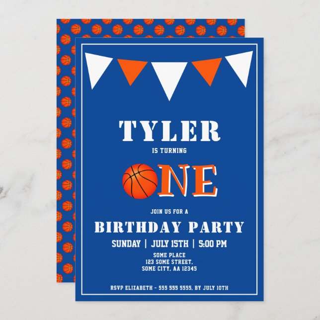 Invitation Basket Bleu Cute 1er anniversaire (Devant / Derrière)