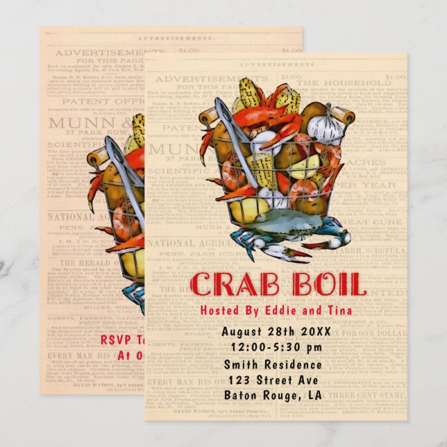 Invitation Basket Crabe Fête de bouillie (Devant / Derrière)