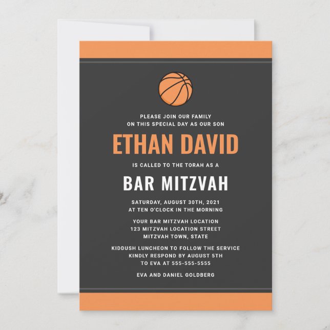 Invitation Basket moderne gris foncé et bar mitzvah orange (Devant)