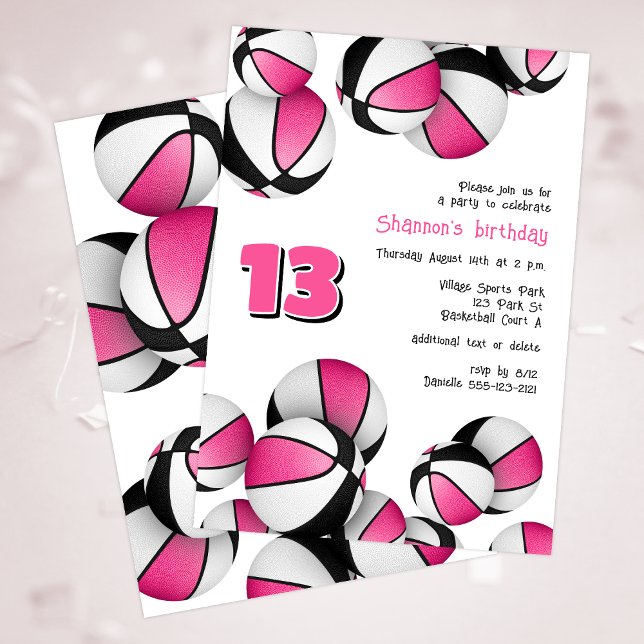 Invitation basket noir rose filles sport anniversaire (Créateur téléchargé)