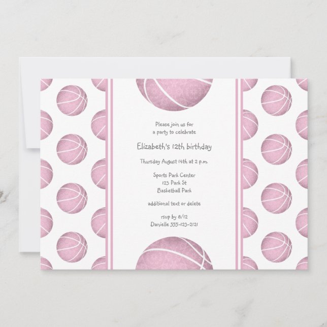 Invitation basket rose poussiéreux motif sport anniversaire (Devant)