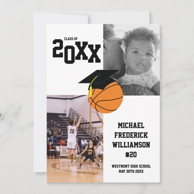 Invitation Basketball Graduation Sports Noir et Blanc (Devant)