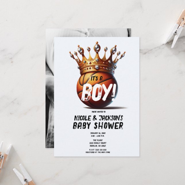 Invitation Basketball King Gold Crown Baby shower photo (Devant/Arrière en situation)