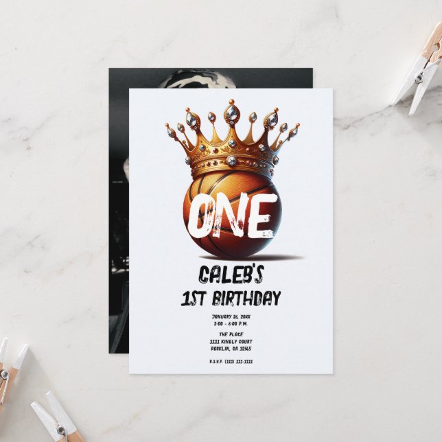 Invitation Basketball King Gold Crown Photo 1er anniversaire (Devant/Arrière en situation)