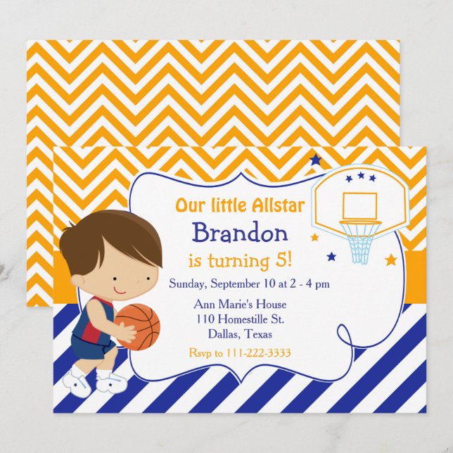 Invitation Basketball mignonne Brunette Boy Fête d'anniversai (Devant / Derrière)