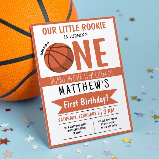 Invitation Basketball moderne mignon Ruban Enfants 1er annive (Créateur téléchargé)