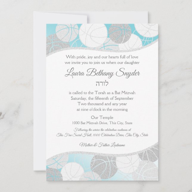 Invitation Basketball Sports Bat mitzvah Bleu et Argent (Devant)