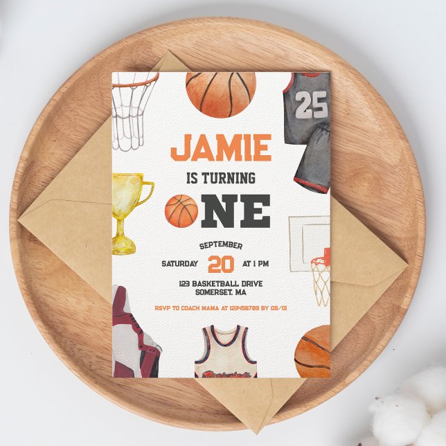Invitation Basketball Watercolor Boys 1er anniversaire (Créateur téléchargé)