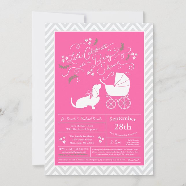 Invitation Basset Hound Chien Baby shower fille rose (Devant)