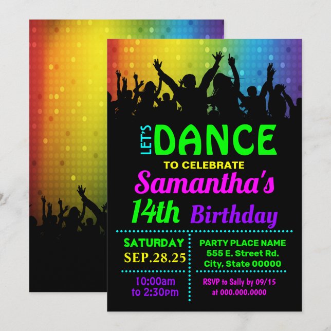 Invitation Bassin d'anniversaire de danse disco (Devant / Derrière)