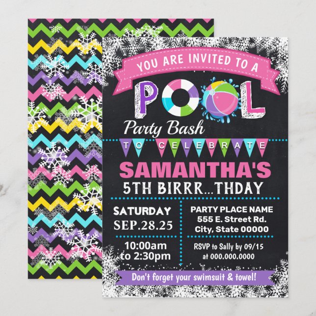 Invitation Bassin d'anniversaire de la piscine rose d'hiver (Devant / Derrière)