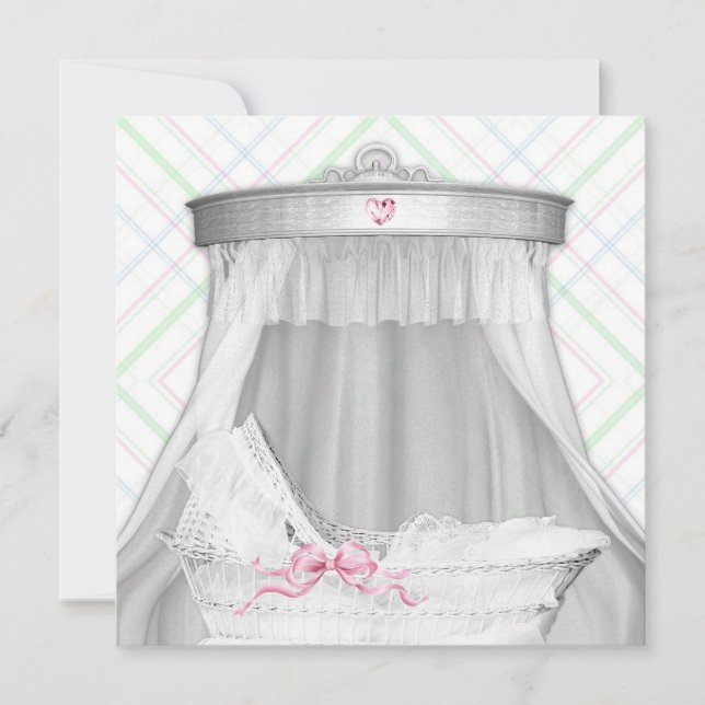 Invitation Bassinet blanc et rose bébé fille douche (Devant)