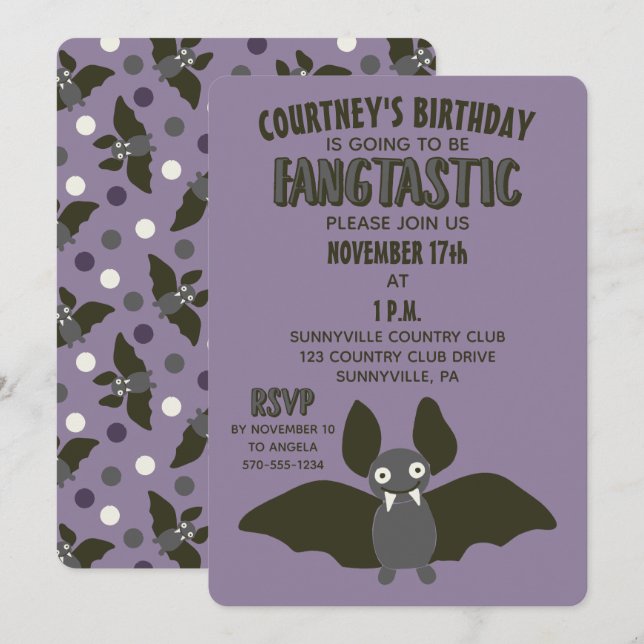 Invitation Bat Bat Bat Party violet noir et gris (Devant / Derrière)