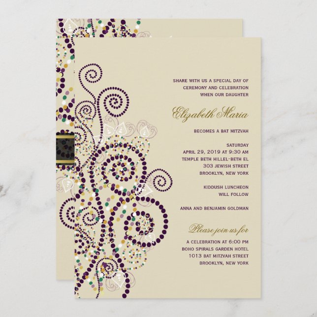 Invitation Bat Boho Purple Spirals Bat / Bar Mitvah Invitatio (Devant / Derrière)