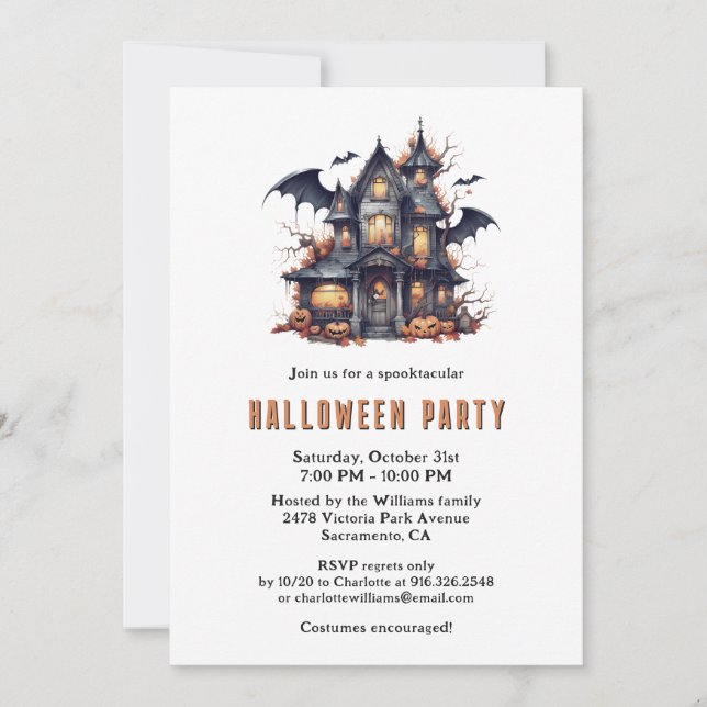 Invitation Bat Haunted House Citrouilles Éffrayant Halloween  (Devant)
