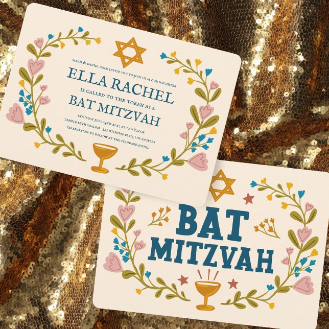 Invitation Bat mitzvah à couronne florale sur mesure dessiné  (Floral Wreath Bat Mitzvah Hand-drawn Custom Invitation
)