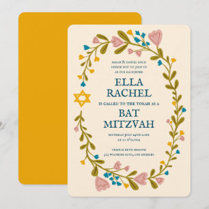 Invitation Bat mitzvah à couronne florale sur mesure dessiné 