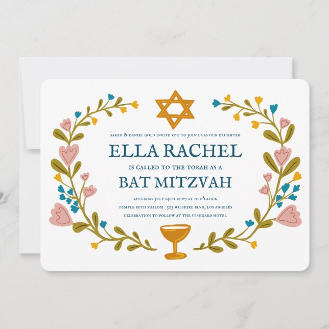 Invitation Bat mitzvah à couronne florale sur mesure dessiné  (Devant)