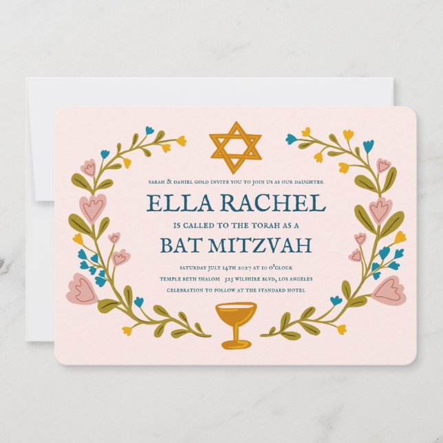 Invitation Bat mitzvah à couronne florale sur mesure dessiné  (Devant)