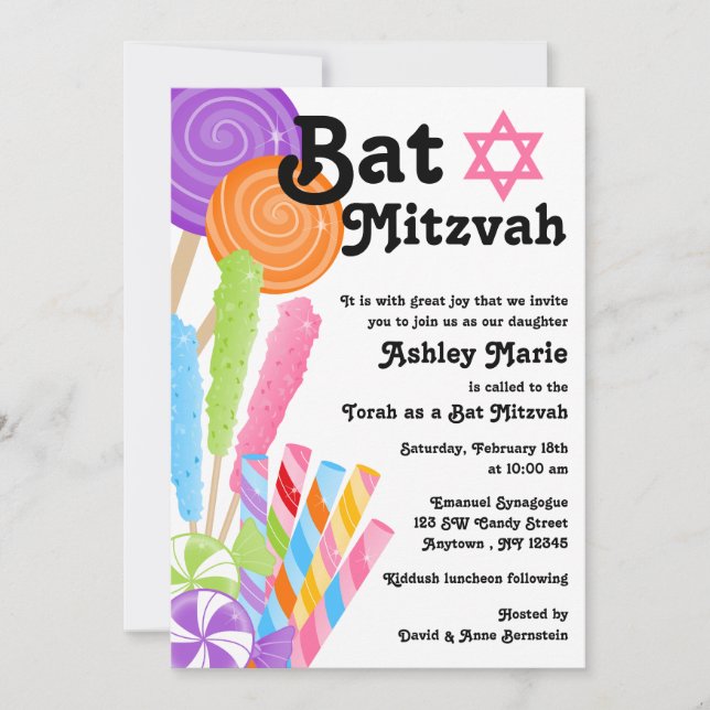 Invitation Bat mitzvah à thème Candy (Devant)