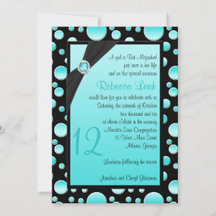 Invitation Bat mitzvah Aqua and Black Polka Dot