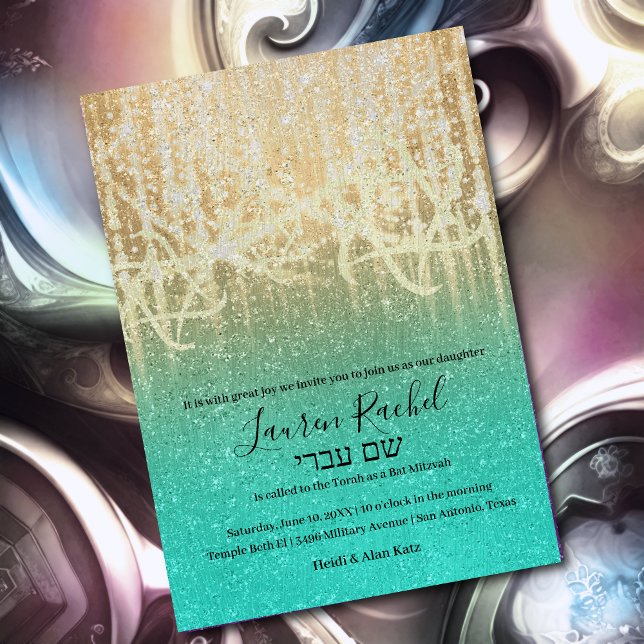 Invitation Bat mitzvah Aqua Gold Extra Sparkly (Créateur téléchargé)