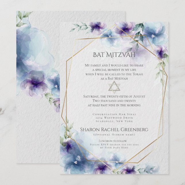 Invitation BAT MITZVAH | Aquarelle bleu et violet Floral (Devant / Derrière)