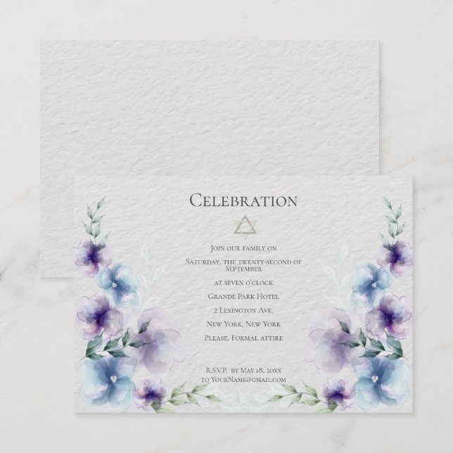 Invitation BAT MITZVAH | Aquarelle bleu et violet Floral 2 (Devant / Derrière)