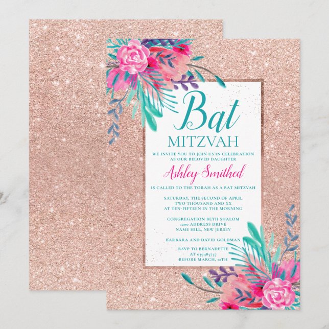 Invitation Bat Mitzvah aquarelle florale pailletée or rose (Devant / Derrière)