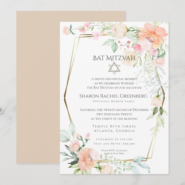 Invitation BAT MITZVAH | Aquarelle Flore ressort Verse 2 (Devant / Derrière)