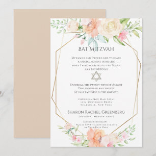 Invitation BAT MITZVAH   Aquarelle Flore ressort Verset 1