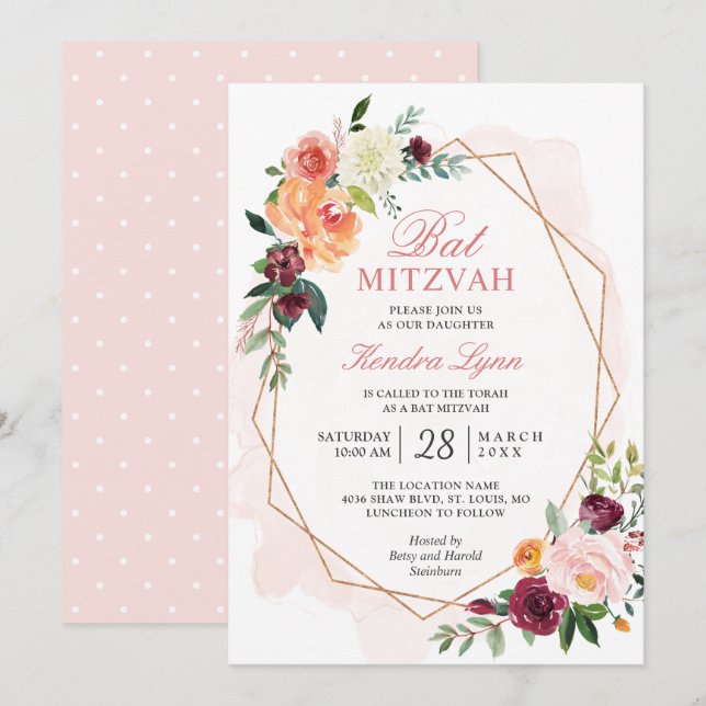 Invitation Bat mitzvah | Aquarelle moderne Gold Frame Floral (Devant / Derrière)