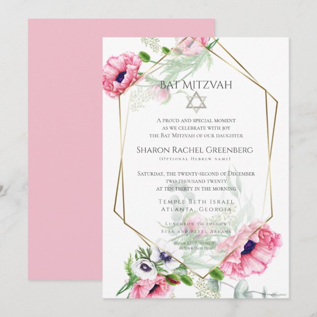 Invitation Bat mitzvah | Aquarelle Pink Poppies Verse 2 (Devant / Derrière)