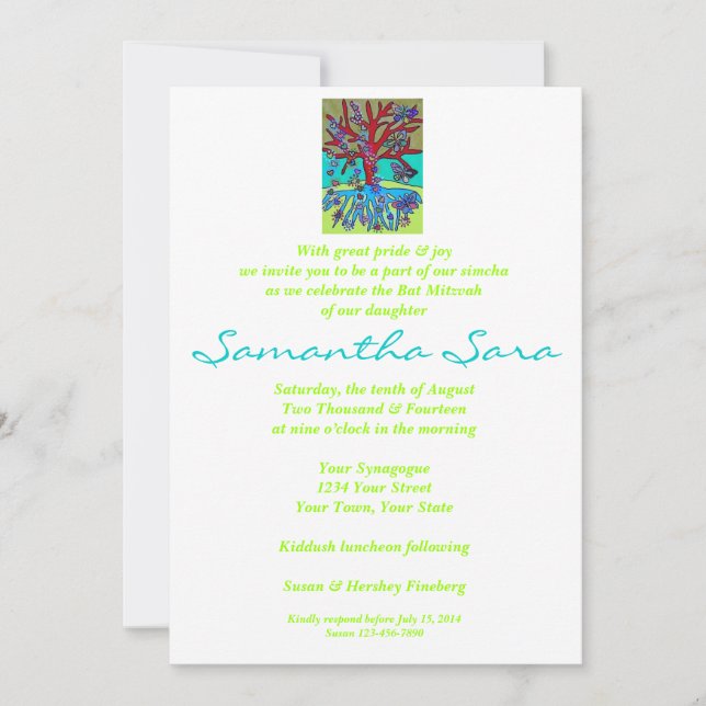 Invitation bat mitzvah - Arbre Rouge De Vie Tombant Les Coeur (Devant)