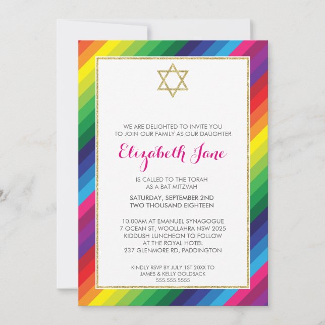 Invitation BAT MITZVAH arc-en-ciel motif parties scintillant  (Devant)