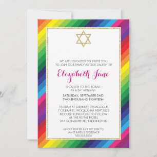 Invitation BAT MITZVAH arc-en-ciel motif parties scintillant