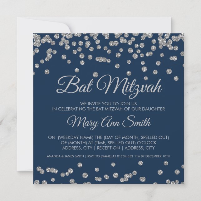 Invitation Bat mitzvah Argent Faux Parties scintillant Confet (Devant)