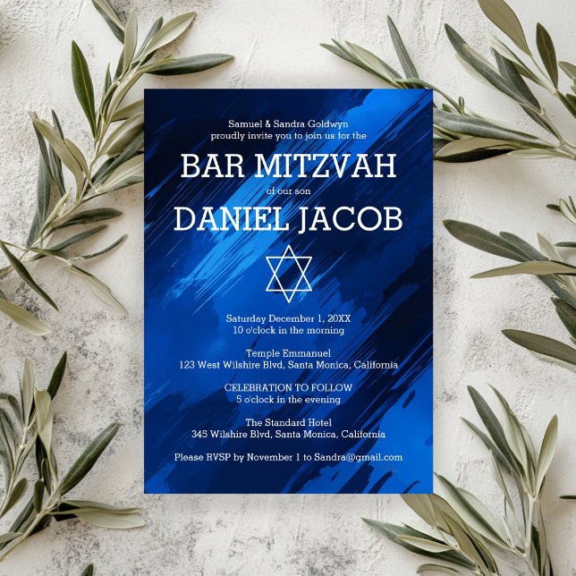 Invitation Bat mitzvah BARRE BLANCHE BLANC BLANC Étoile perso (Blue Brushstrokes Star Custom BAR BAT MITZVAH Invitation
)