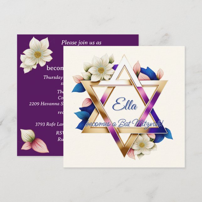 Invitation Bat mitzvah Belle étoile Florale de David Carré (Devant / Derrière)