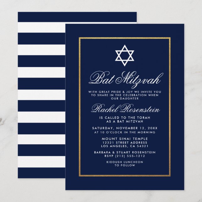 Invitation Bat mitzvah Bleu et Blancs Or (Devant / Derrière)